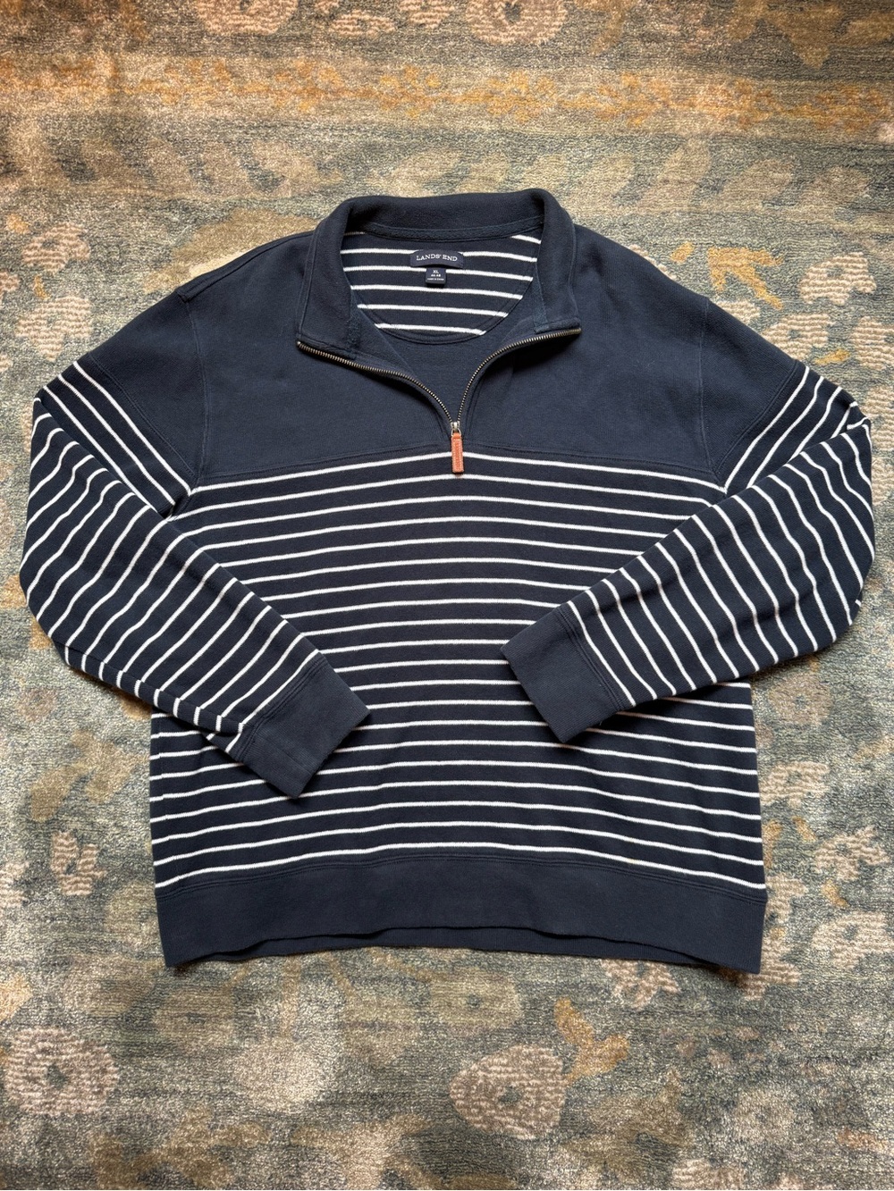 Lands’ End Navy Stripe Quarter-Zip Sweater